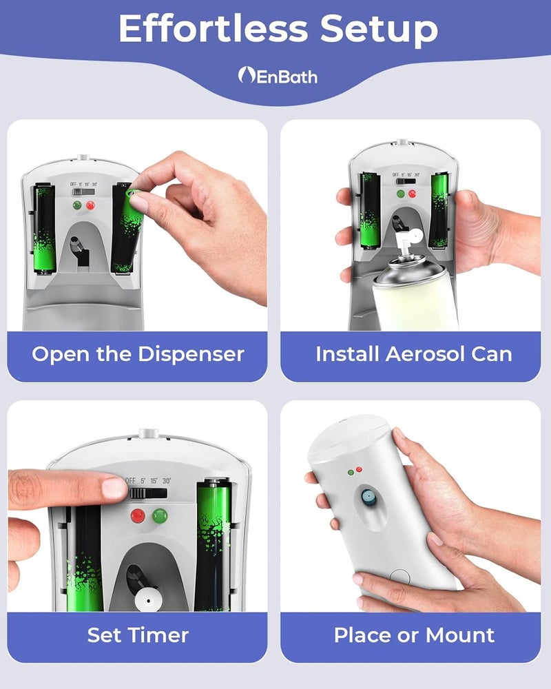 EnBath Automatic Air Freshener Spray Dispenser (2-Pack) White Wall Mounted or Free Standing Battery Operated Sprayer for Home or Commercial Use, 3 Auto Scent Release Time Settings for Room/Bathroom Freshness - Image 4